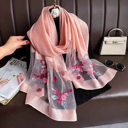 180*70cm Embroidery Floral Chiffon Scarf Elegant Thin Breathable Shawl Women Sunscreen Neck Scarf Travel Beach Shawl Scarf