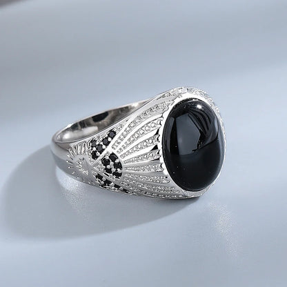 S925 Silver Jewelry Ring Natural Oval Rectangle Big Black Agate Stone Vintage Ring For Women Party Gifts