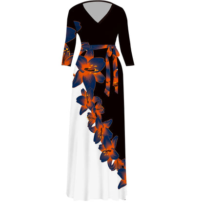 Floral V-Neck 3/4 Sleeve Wrap Maxi Dress with Belt - Women's Bold Elegant Party Evening Resortwear Date Night