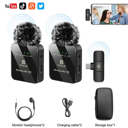 PULUZ 2.4G Wireless Lavalier Microphone Live Broadcast Gaming Microphone For iPhone Type-C Android Camera Audio Video ForYouTube