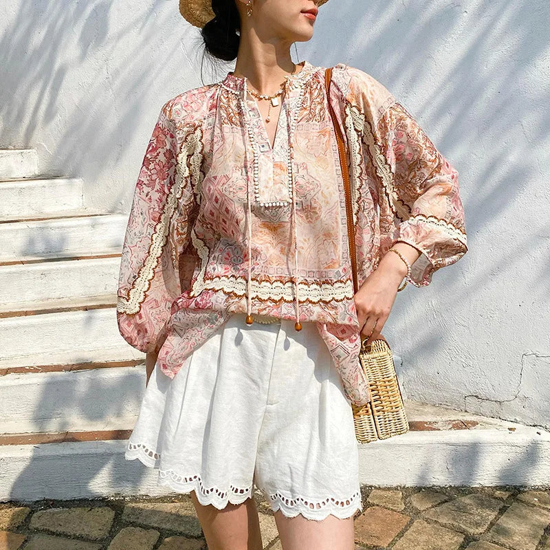 Boho Flrench Chic Floral Blouse Shirt Printed Summer Loose Lace Hollow Out Sexy Ladies Vocation Women Long Sleeve Top Shirts New