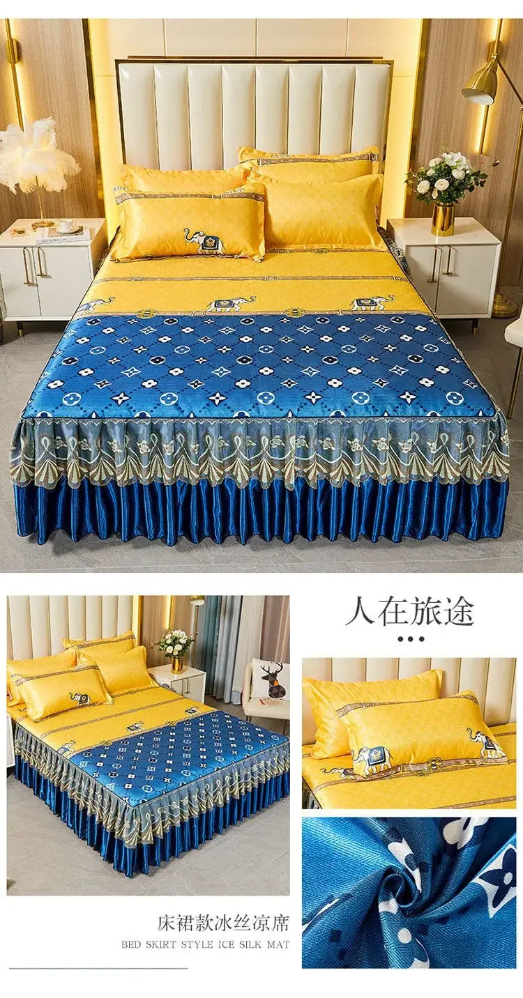 3Pcs/Lot Double Bed Sheet Set Classic Lace Royal Blue Bed Sheet Bed Skirt