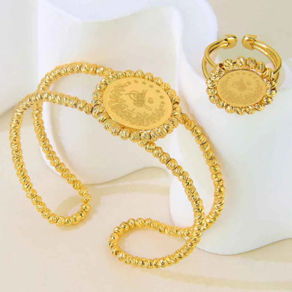 Luxury Turkish Coins Charm Jewelry Set 24k Gold Plated Kurdish Muslim Bridal Open Bangles Ring Middle Eastern Vintage Jewelrys