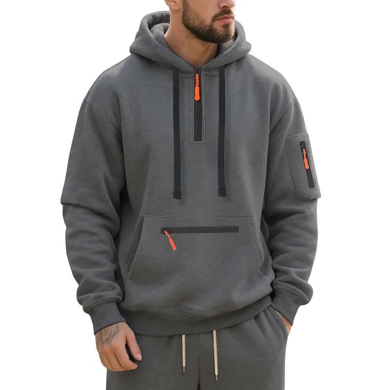 Men's Hooded Fleece Pullover Sporty Casual Jacket European American Style Autumn Winter Warm Comfortable Men's Outerwear