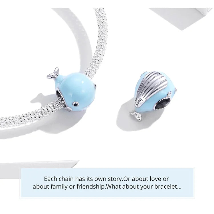 BISAER 925 Sterling Silver Charm Ocean Style Fish Dolphin Mermaid Shell Blue CZ Bead For Necklace&Bracelet DIY Fine Jewelry Gift - AMULET RING STORE