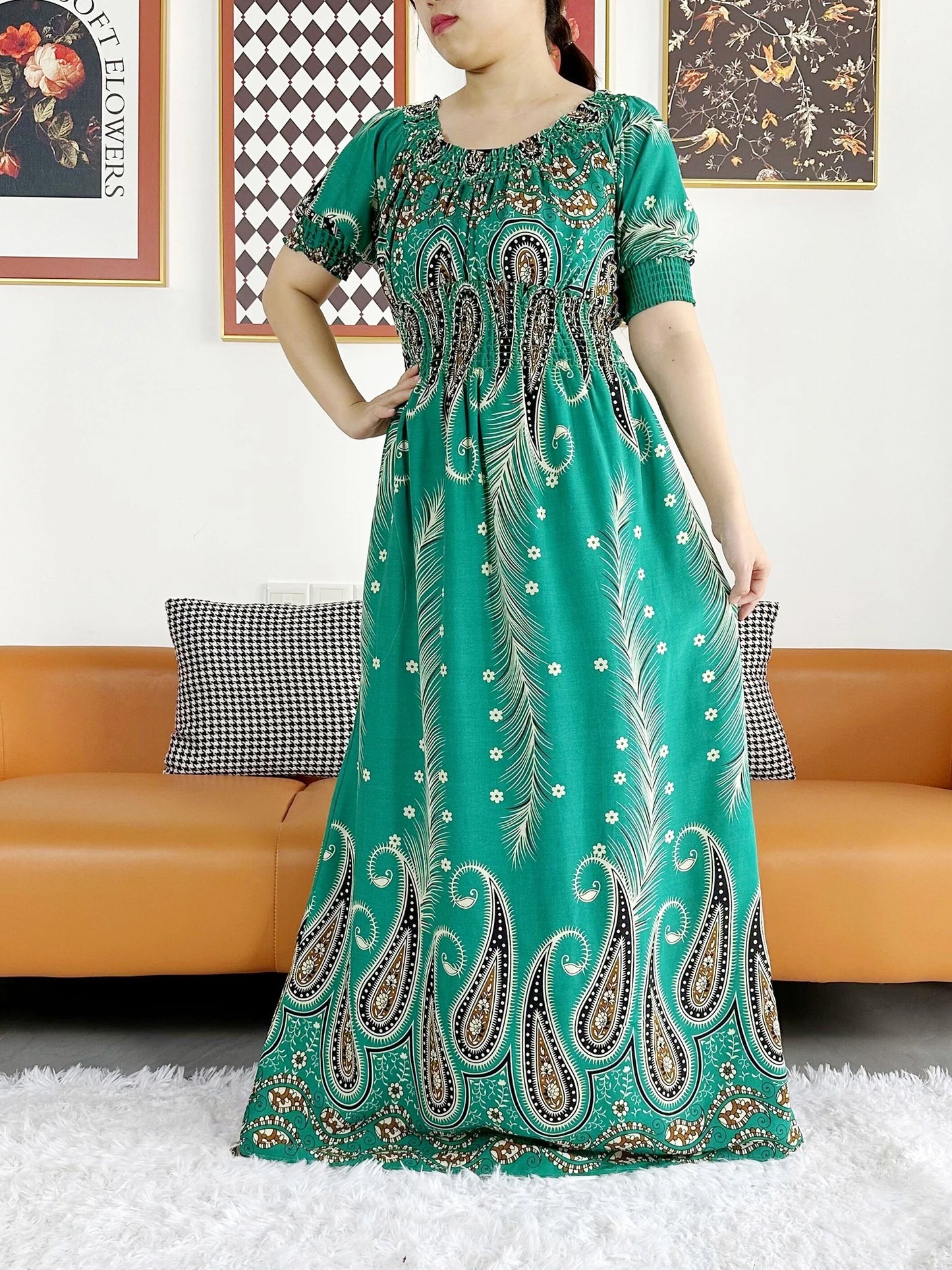 New Summer Women Abaya Short Sleeve Dashiki Floral Collect Waist Loose Maxi Robe Floral Femme Musulmane African Printing Abaya