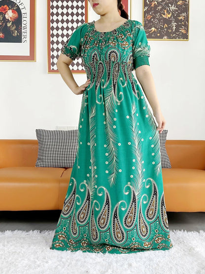 New Summer Women Abaya Short Sleeve Dashiki Floral Collect Waist Loose Maxi Robe Floral Femme Musulmane African Printing Abaya