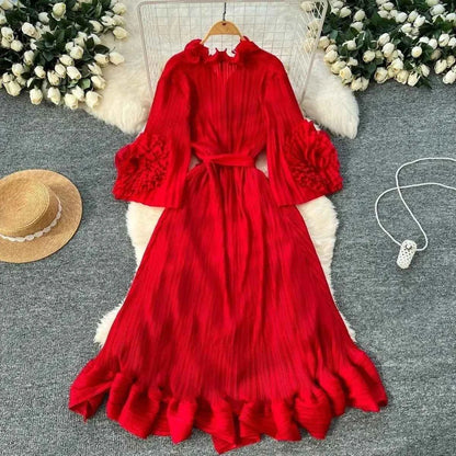 Miyaki Dress, Plus-Size, Ruched, with Fishbone Detailing, Ruffled Belt, Slim-Fit Midi Dress, Elegant and Casual A-Line Pleated Dress with High Elasticity