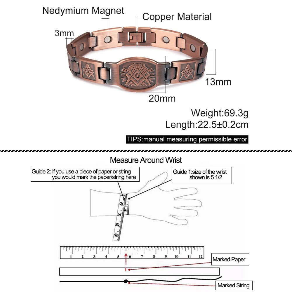 Cross Magnetic Bracelet Copper Energy 12mm Wristband Magnetic Bracelet Men Chain Link Vintage Masonic Ethnic Tribal Jewelry Men