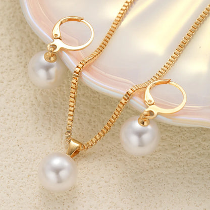 LATS 3 Pcs/Set Round Pearl Pendant Necklace For Women Exquisite Fashion Rhinestone Double  Earring Wedding Jewelry Set Gift