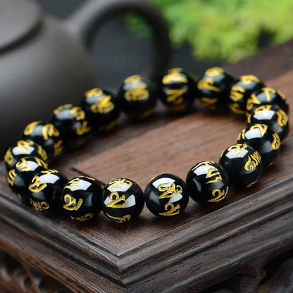 8/10/12/14mm Tibetan Buddhism Six Words Mantra Bracelets For Men Women Black Obsidian Amulet Lucky Bangles Jewelry with Gift Box
