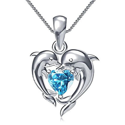 Huitan Couple Dolphin with Blue Heart CZ Necklace Women Chic Bride Wedding Clavicle Chain Necklaces Fancy Gift Statement Jewelry - AMULET RING STORE