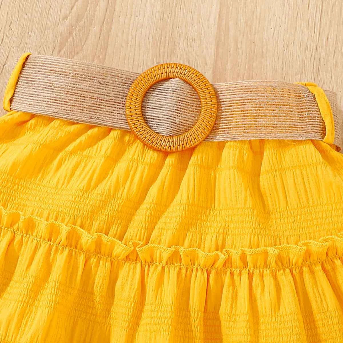 Girls Summer Sunflower Outfit with Shoulder Bared Bubble Sleeve Top And Flounce Hem Short Skirt Two Piece Set