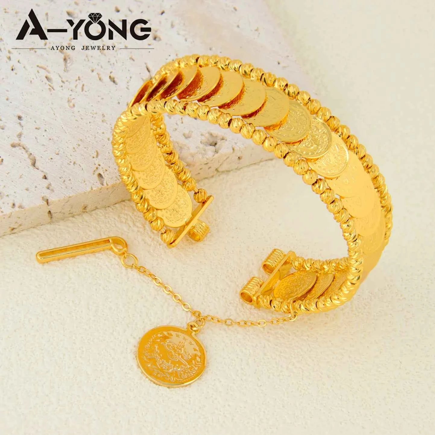Luxury Turkish Coins Charm Jewelry Set 24k Gold Plated Kurdish Muslim Bridal Open Bangles Ring Middle Eastern Vintage Jewelrys