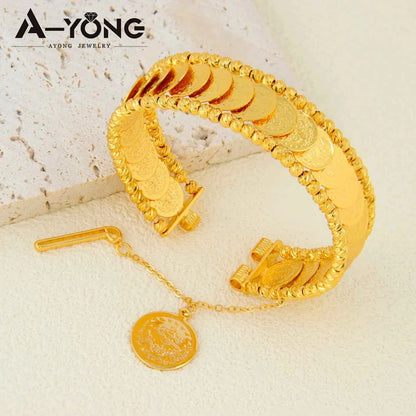 Luxury Turkish Coins Charm Jewelry Set 24k Gold Plated Kurdish Muslim Bridal Open Bangles Ring Middle Eastern Vintage Jewelrys