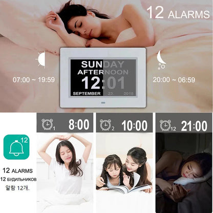 12 Alarms Digital LED Calendar Clock with Multi-Languages to display. Medicine Time Reminder for Elder.Home Desk Wall Decoration