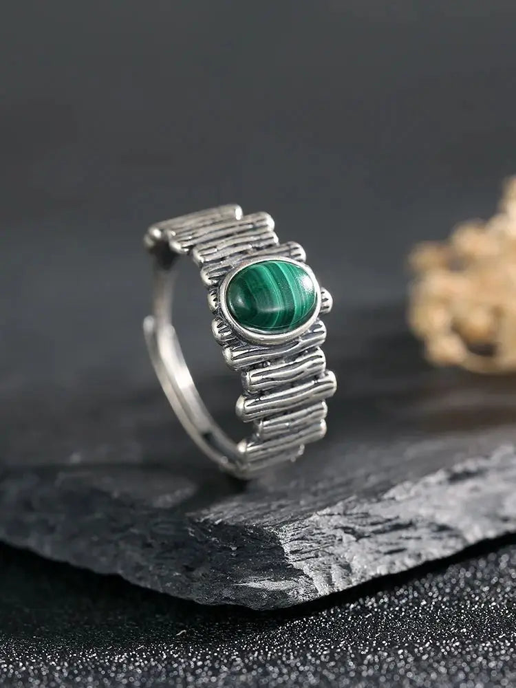 S925 Adjustable Malachite Ring Natural Gemstone Jewelry Textured Boho Silver Ring for Women, Healing Crystal Gift 925 Sterling - AMULET RING STORE