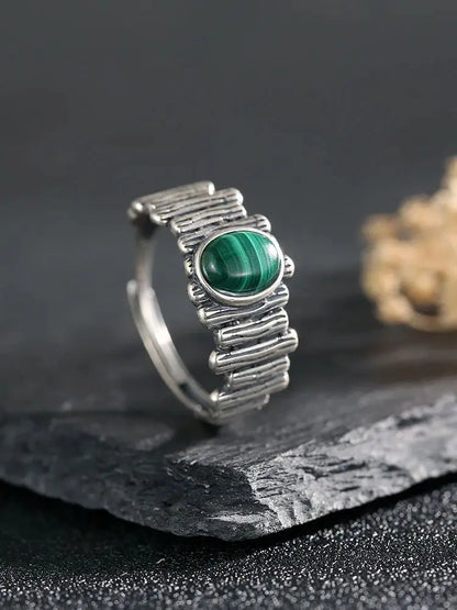 S925 Adjustable Malachite Ring Natural Gemstone Jewelry Textured Boho Silver Ring for Women, Healing Crystal Gift 925 Sterling - AMULET RING STORE