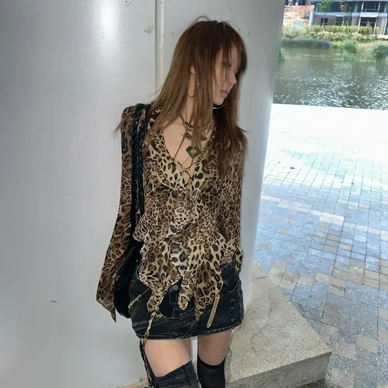 Irregular Shirt Trashy 2000s Vintage Tops Subculture Y2k Leopard Print T-Shirt Harajuku Ruffled Blouses Grunge Aesthetics V-neck - AMULET RING STORE
