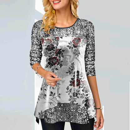 Fashion Print Women T Shirt Autumn Long-sleeved Casual O-neck Ladies Pullover Tops Vintage Floral Printed Female Office Shirts