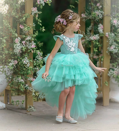 Luxury Appliqué  Flower Girl Dress Spaghetti Straps Birthday Lace Appliques Off Shoulder V-Neck First Communion Gown