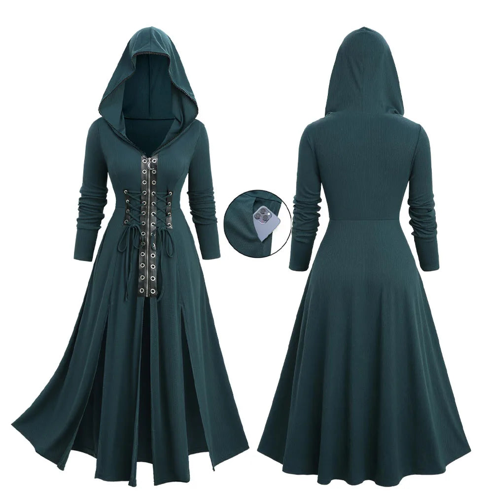 ROSEGAL Plus Size Lace-up Grommets Hooded Lace Trim Split Dress Women Autumn Winter Deep Green Long Sleeves Casual Dresses