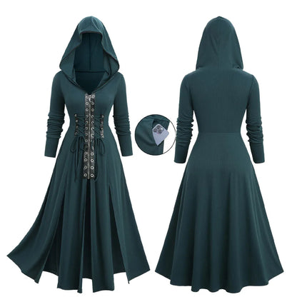 ROSEGAL Plus Size Lace-up Grommets Hooded Lace Trim Split Dress Women Autumn Winter Deep Green Long Sleeves Casual Dresses