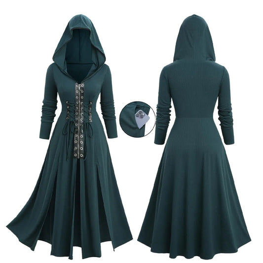 ROSEGAL Plus Size Lace-up Grommets Hooded Lace Trim Split Dress Women Autumn Winter Deep Green Long Sleeves Casual Dresses