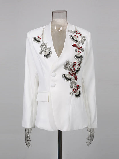 TWOTWINSTYLE Solid Spliced Bead Flower Temperament Blazers for Women V Neck Long Sleeves Patchwork Single Breasted Blazer Female