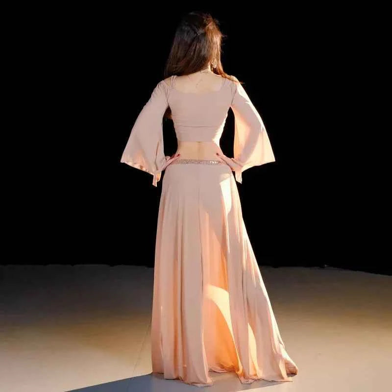 Belly Dancing Wear Outfit for Women Mesh Long Sleeves Top+gauze Long Skirt 2pcs Training Set Oriental Belly Dance Costume Set