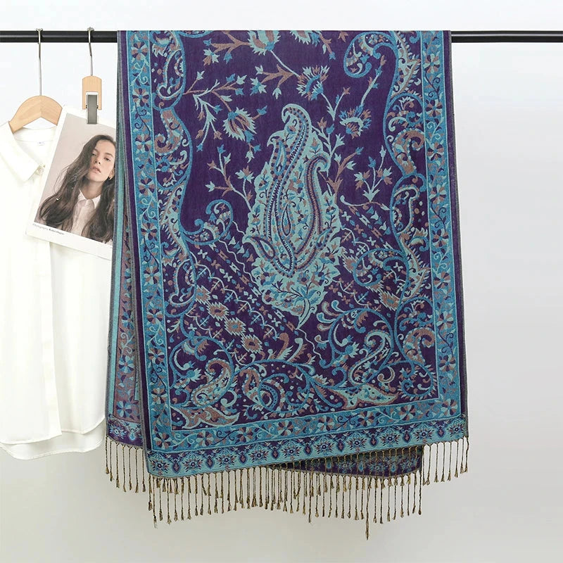 Luxury Pashimina Embroidery Muslim Hijab for Women Winter scarf Pareo Cape Warm Chunky Heaqdscarf Blue Lady Elegant Poncho - AMULET RING STORE