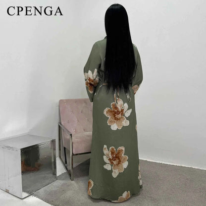 Arabesque Bell Sleeve Flowy Maxi Abaya Dress Elegant Floral Print Muslim Modest Long Dress Islamic Vacation Outfit Summer Robe