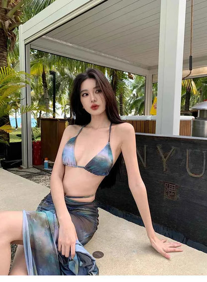 2025 Swimsuit Women's Sexy Bikini Four Piece Tie Dye Long Skirt Sexy European and American Slim Fit Hot Spring Vacation