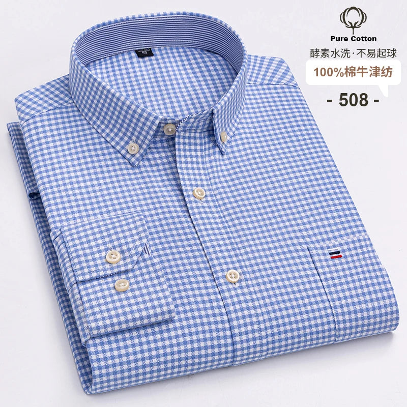 100% Cotton Oxford Men's Shirts Long Sleeves Plaid Soft Regular Fit Formal Dress Shirt Pocket Social Blouse Male Clothes S-7XL