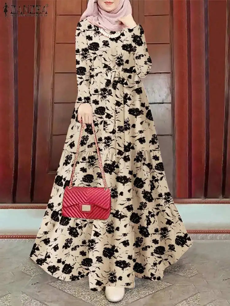 Women Vintage Long Sleeve Floral Printed Sundress Muslim Long Dress Turkey Abaya ZANZEA Eid Mubarek Robe IsIamic Hijab Vestido - AMULET RING STORE