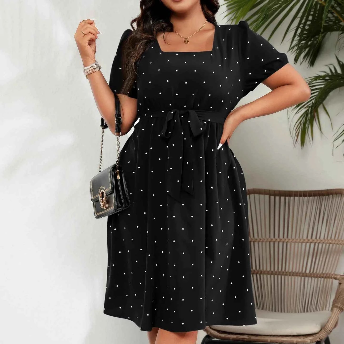 Plus Size Ladies Elegant Retro Polka Dot Waist Tie Square Neck Dress Classic Fashion Summer Short Sleeve Vacation A-line Skirt