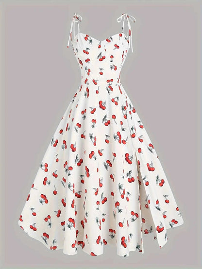 2024 European and American fashion plus size women's new flower print A-line skirt bow tie slit dress