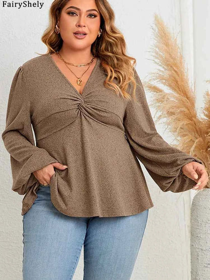 Fairyshely 2025 Spring Autumn V Neck Plus Size Top Women Long Sleeve Loose Large T-shirt Lady Brown Casual Curvy Pullover Tops