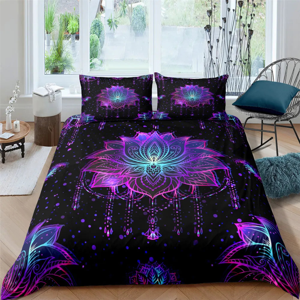 2/3pcs Bed Set Bohemian Lotus Duvet Cover Set Mandala Flower Quilt Cover Adult Black Polyester Bedding Set Queen King Twin Teens - AMULET RING STORE