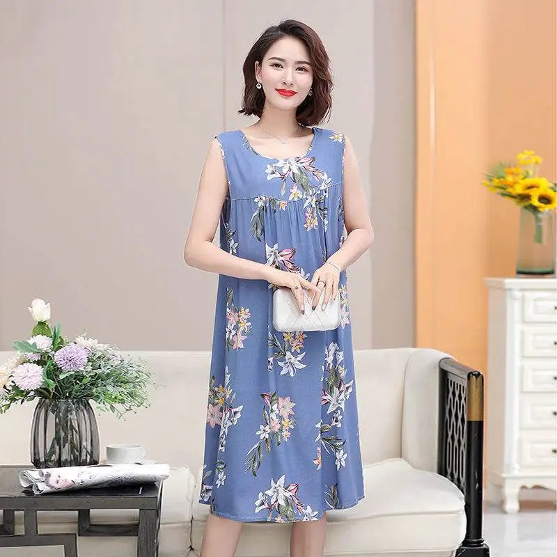 Summer Middle-Aged and Elderly Cotton Silk Nightgowns Pajamas Women's Dresses Large Size Mother's Casual Nightgowns Homewear - AMULET RING STORE