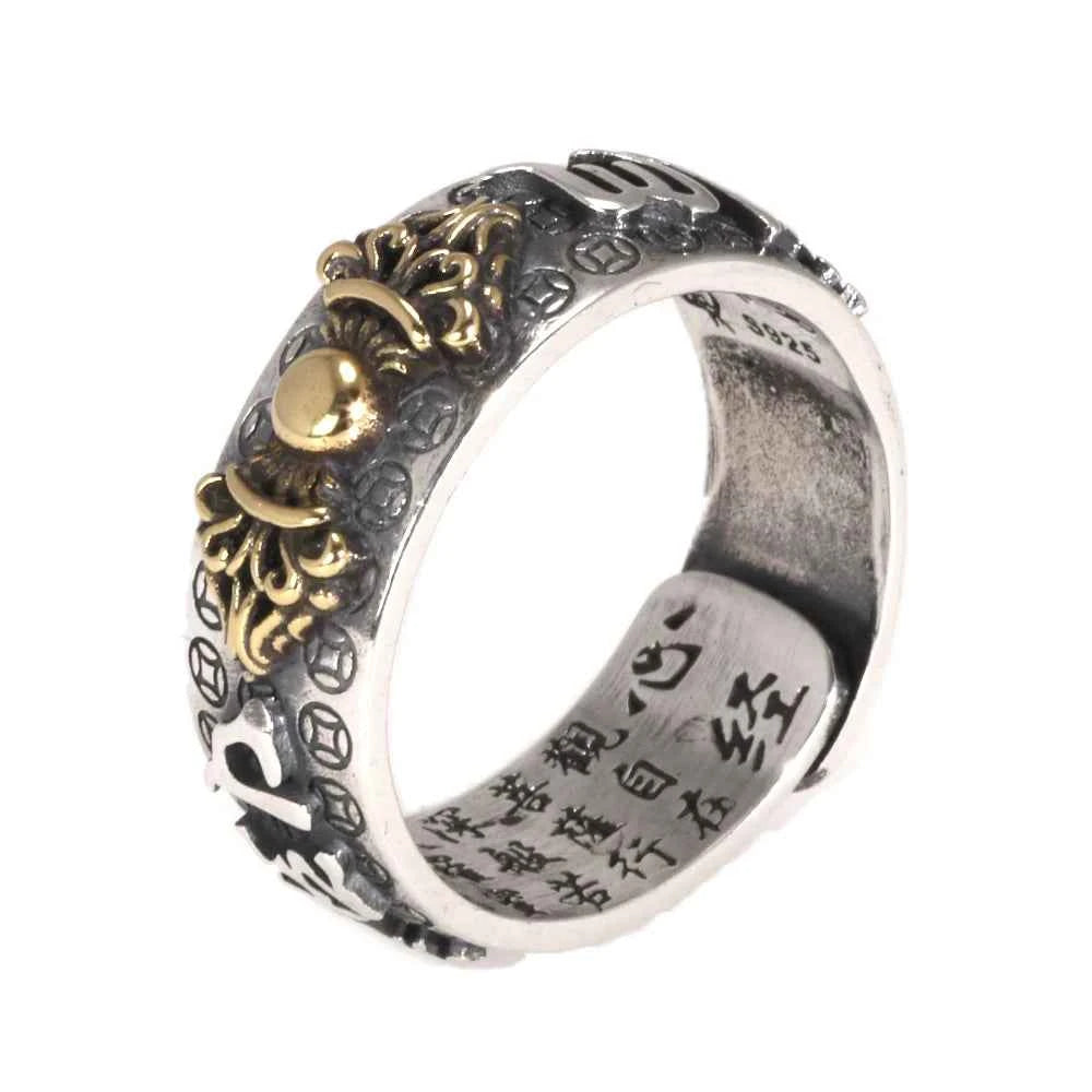 Vintage Pure Silver 999 Six Words Heart Sutra Ring Men's Adjustable Golden Pixiu Vajra Buddhist Religious Fine Jewelry