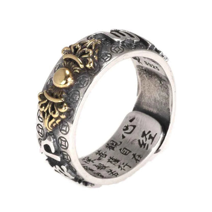Vintage Pure Silver 999 Six Words Heart Sutra Ring Men's Adjustable Golden Pixiu Vajra Buddhist Religious Fine Jewelry