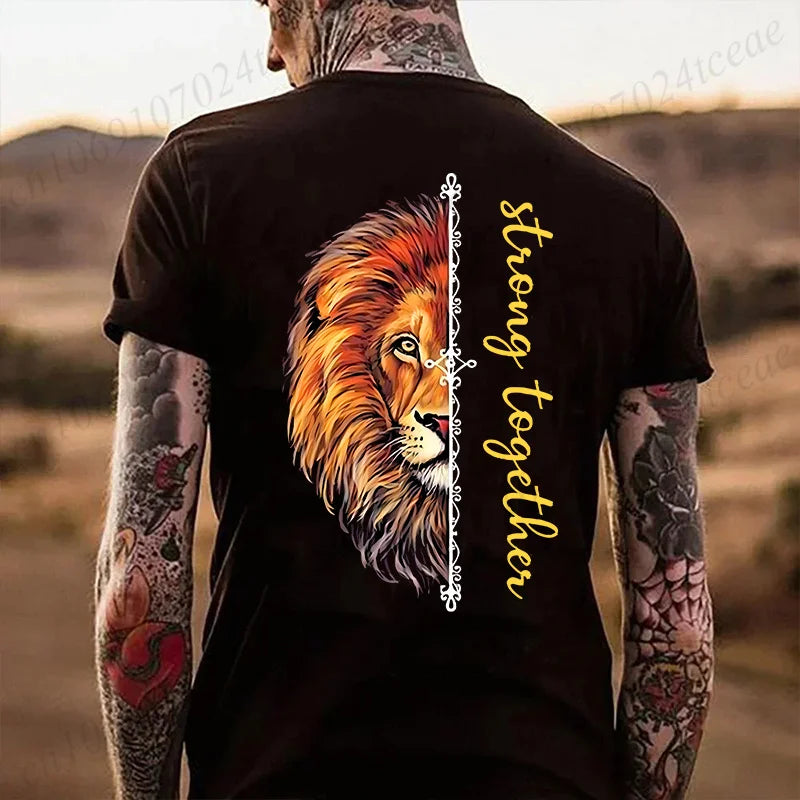 Fashion Valentine's Day Tees Shirt Lion Animal Back Print Graphic Y2k Tops Lover Couples Matching T-shirt Men & Women Clothing - AMULET RING STORE