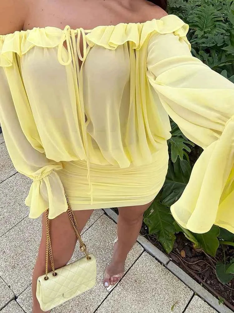 Sisterlinda Ruched Elegant Dress Women Sexy Hollow Ruffles Shirring Slash Neck Backless Puff Sleeve Street Fashion Mini Bodycon