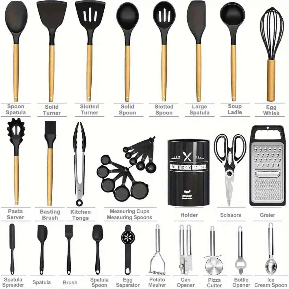 44PCS Silicone Kitchenware Non-Stick Cookware Kitchen Utensils Set Spatula Shovel Egg Beaters Wooden Handle Cooking Tool Set