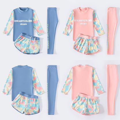 3Pcs Kids Girls Colorful Print Swimsuit Swimwear Long Sleeve Top+Shorts with Pants Set Sun Protection Rash Guard Swimming Outfit - AMULET RING STORE