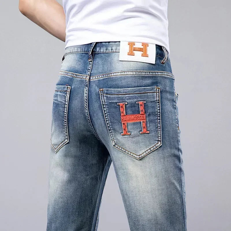 2024 Summer Lightweight Luxury European Style Jeans Men's Slim Fit Casual Long Pants Trendy High End Brand