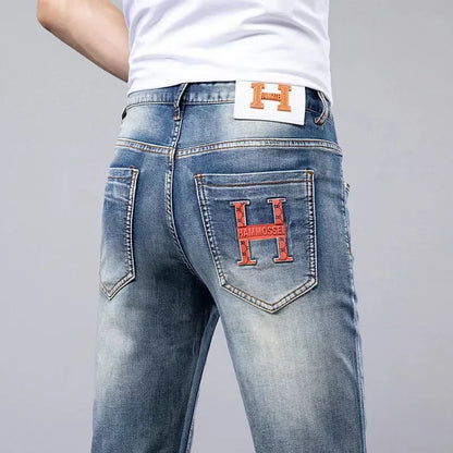 2024 Summer Lightweight Luxury European Style Jeans Men's Slim Fit Casual Long Pants Trendy High End Brand