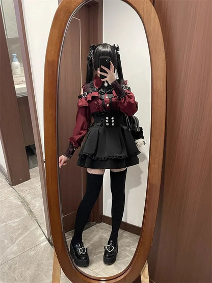 Sweet Gothic Lolita Two Piece Set, Off Shoulder Blouse + High Waist Skirt, Kawaii Tri-color Lace Coord Outfit for Women & Teens