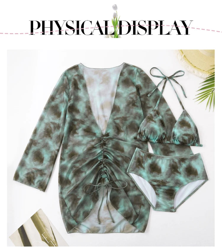 XL-5XL Plus Size Vacation Bikini Sexy Three-Piece Split Long Sleeve Swimsuit Women Summer Blue Pleated Beach Party Swimsuits